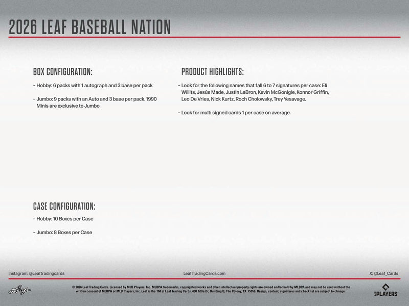2026 Leaf Baseball Nation Hobby Jumbo Box | Columbia Sports Cards - Columbia Hobby - Sports Card Boxes - Toploaders - Card Savers