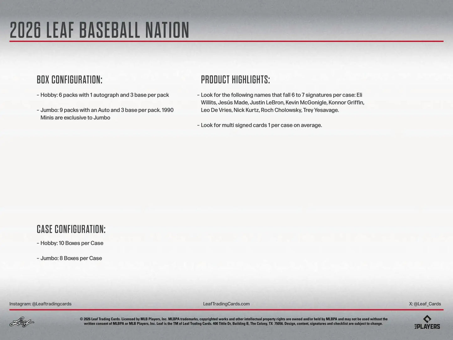 2026 Leaf Baseball Nation Hobby Jumbo Box | Columbia Sports Cards - Sports Card Hobby Boxes