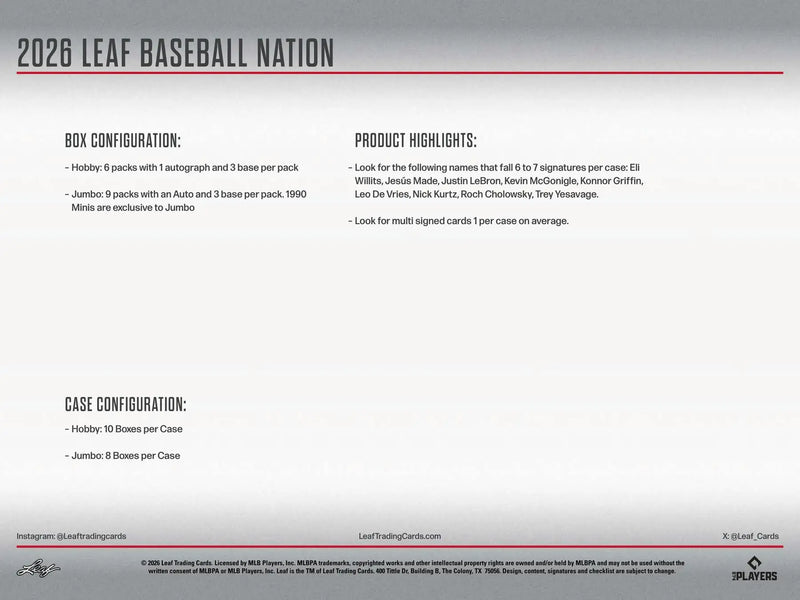 2026 Leaf Baseball Nation Hobby Jumbo Box | Columbia Sports Cards - Sports Card Hobby Boxes