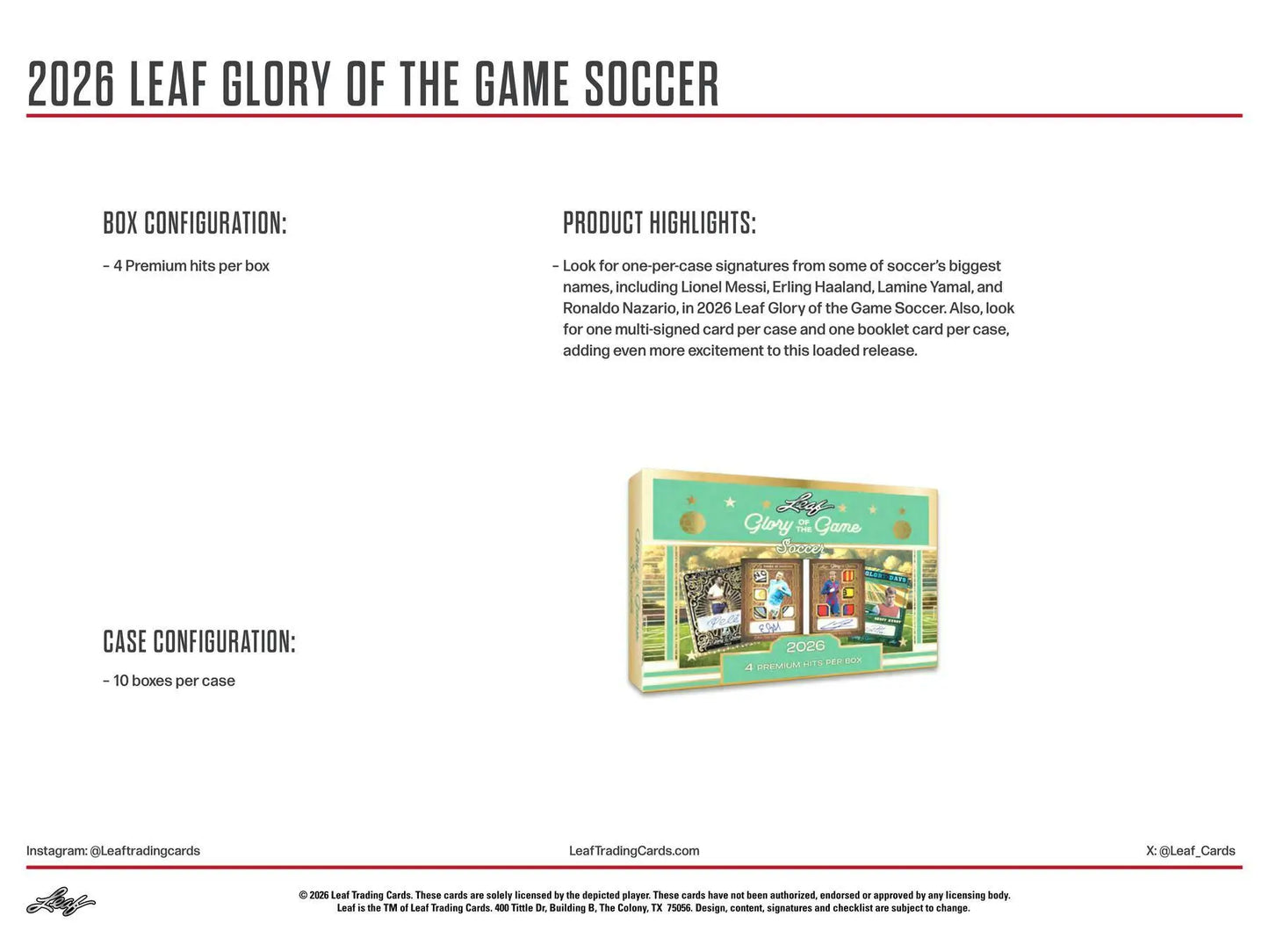 2026 Leaf Glory of the Game Soccer Hobby Box | Columbia Sports Cards - Soccer Card Box