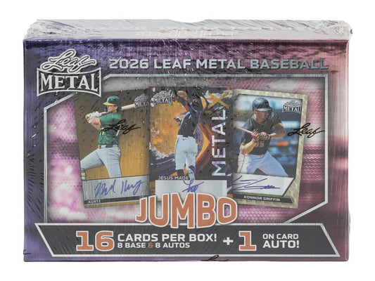 2026 Leaf Metal Baseball Jumbo Hobby Box sealed product
Leaf Metal baseball jumbo autographs and prospect cards
Leaf Metal baseball on card autograph and inserts