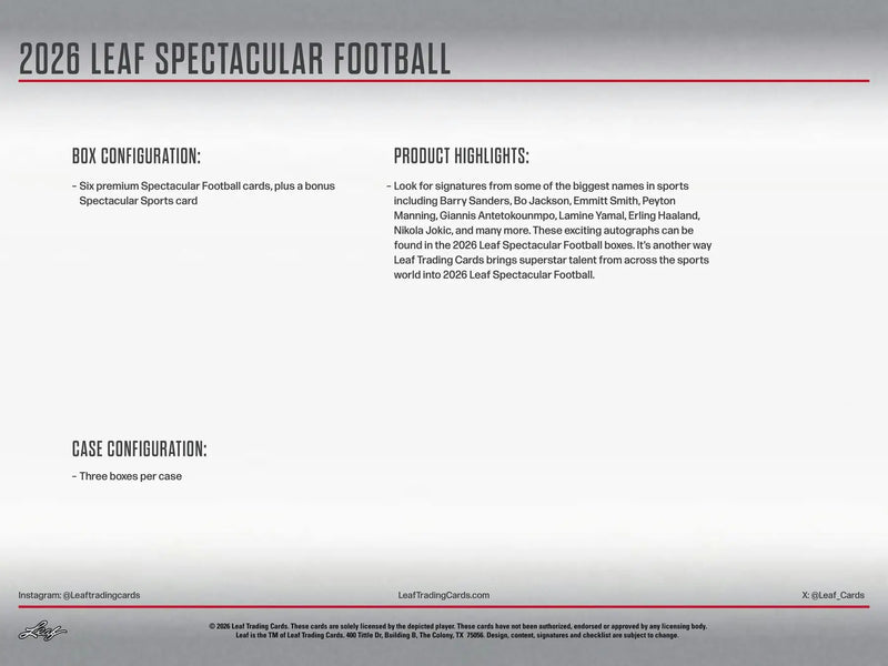 2026 Leaf Spectacular Football Hobby Box | Columbia Sports Cards - Football Card Box