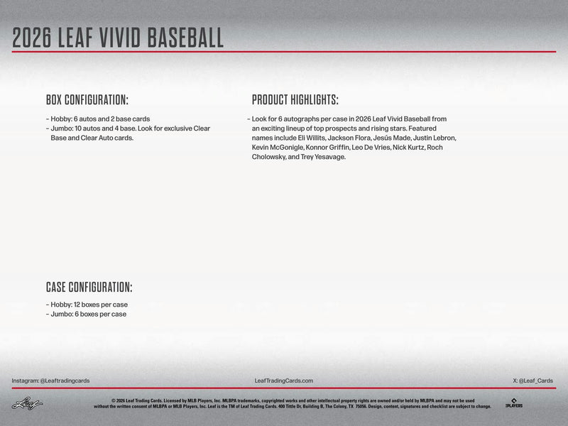2026 Leaf Vivid Baseball Hobby Box | Columbia Sports Cards - Columbia Sports Cards