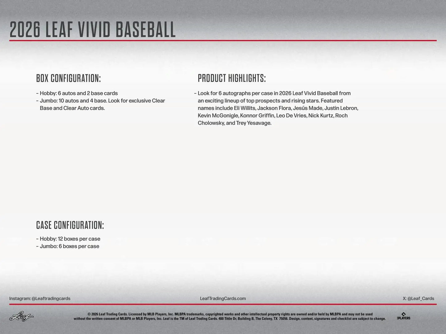 2026 Leaf Vivid Baseball Hobby Jumbo Box | Columbia Sports Cards - Baseball Card Box