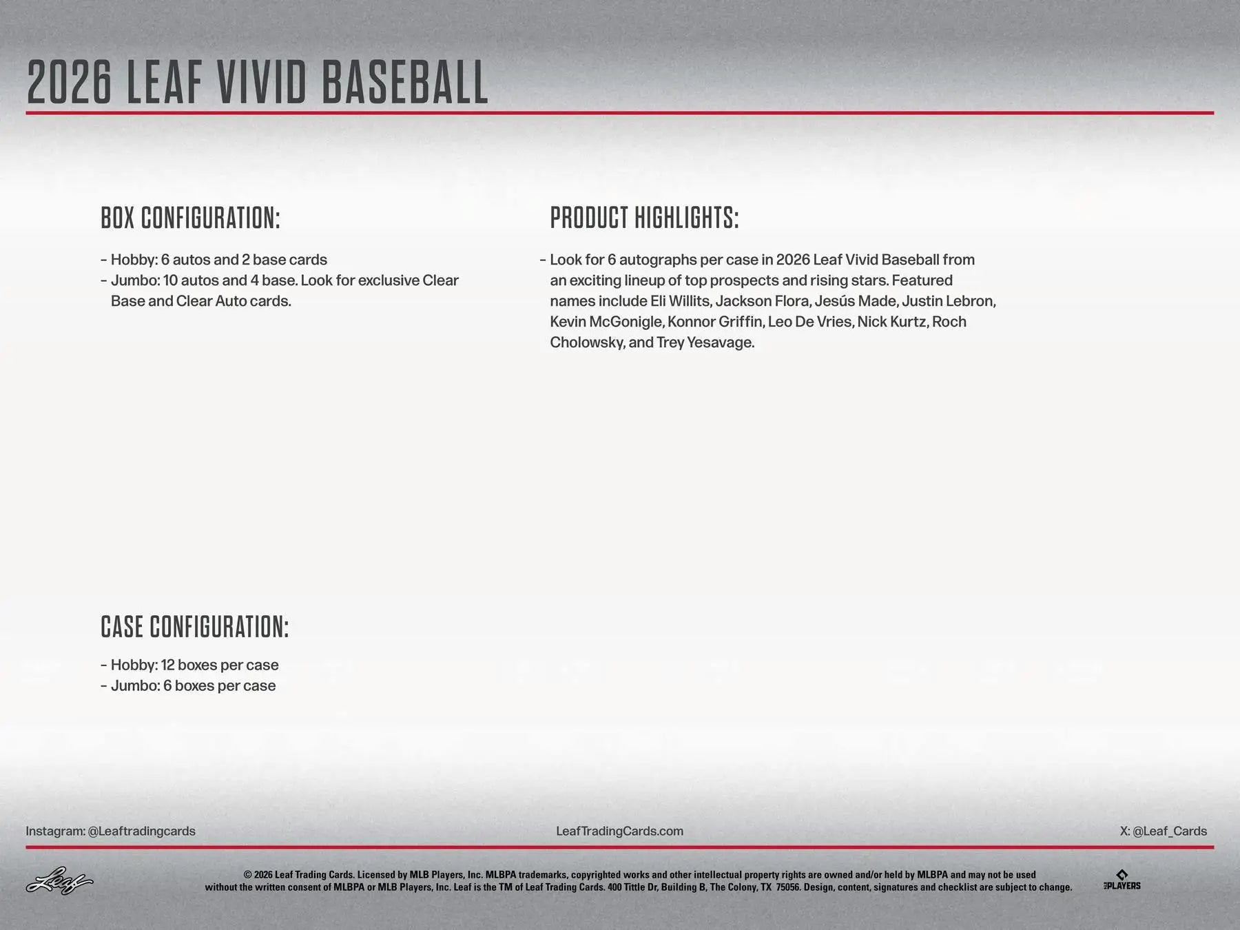 2026 Leaf Vivid Baseball Hobby Jumbo Box | Columbia Sports Cards - Baseball Card Box