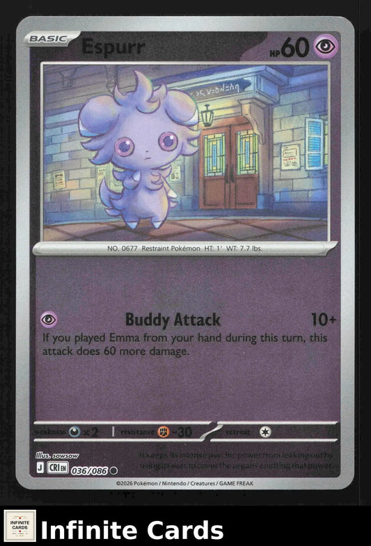 2026 Mega Evolution: Chaos Rising Espurr #CRI EN 036/086 Reverse Holo Common NM - Pokémon Card Single