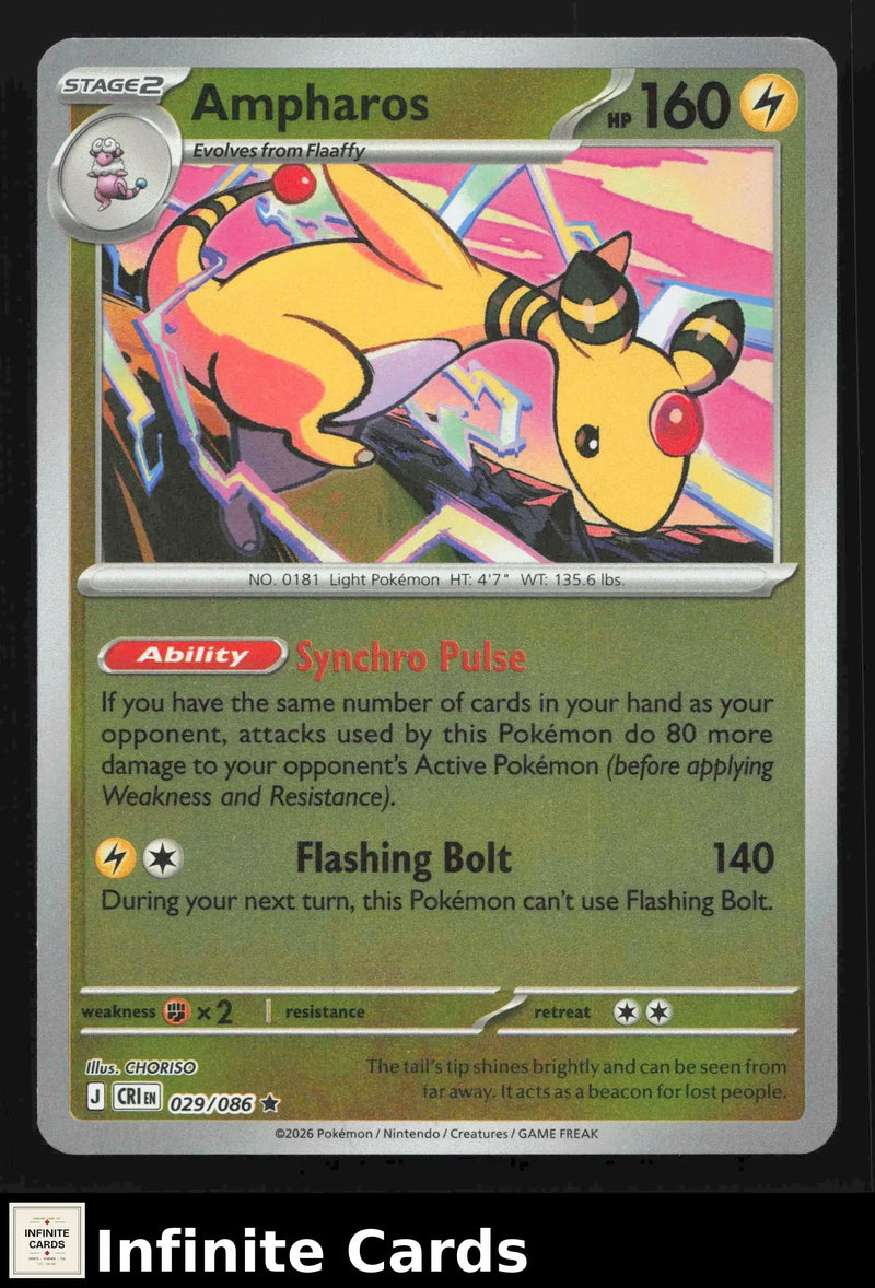 2026 Mega Evolutions: Chaos Rising Ampharos Reverse Holo 029/086 Rare NM