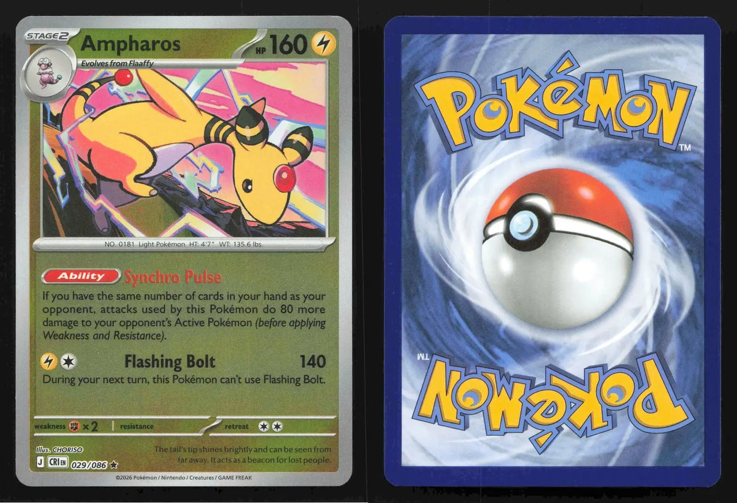 2026 Mega Evolutions: Chaos Rising Ampharos Reverse Holo 029/086 Rare NM