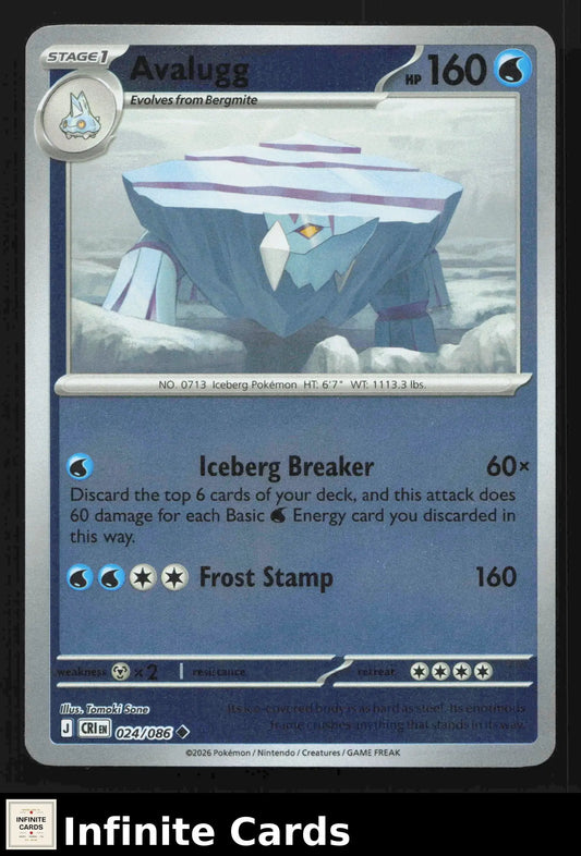 2026 Mega Evolutions: Chaos Rising Avalugg Reverse Holo 024/086 Uncommon NM
