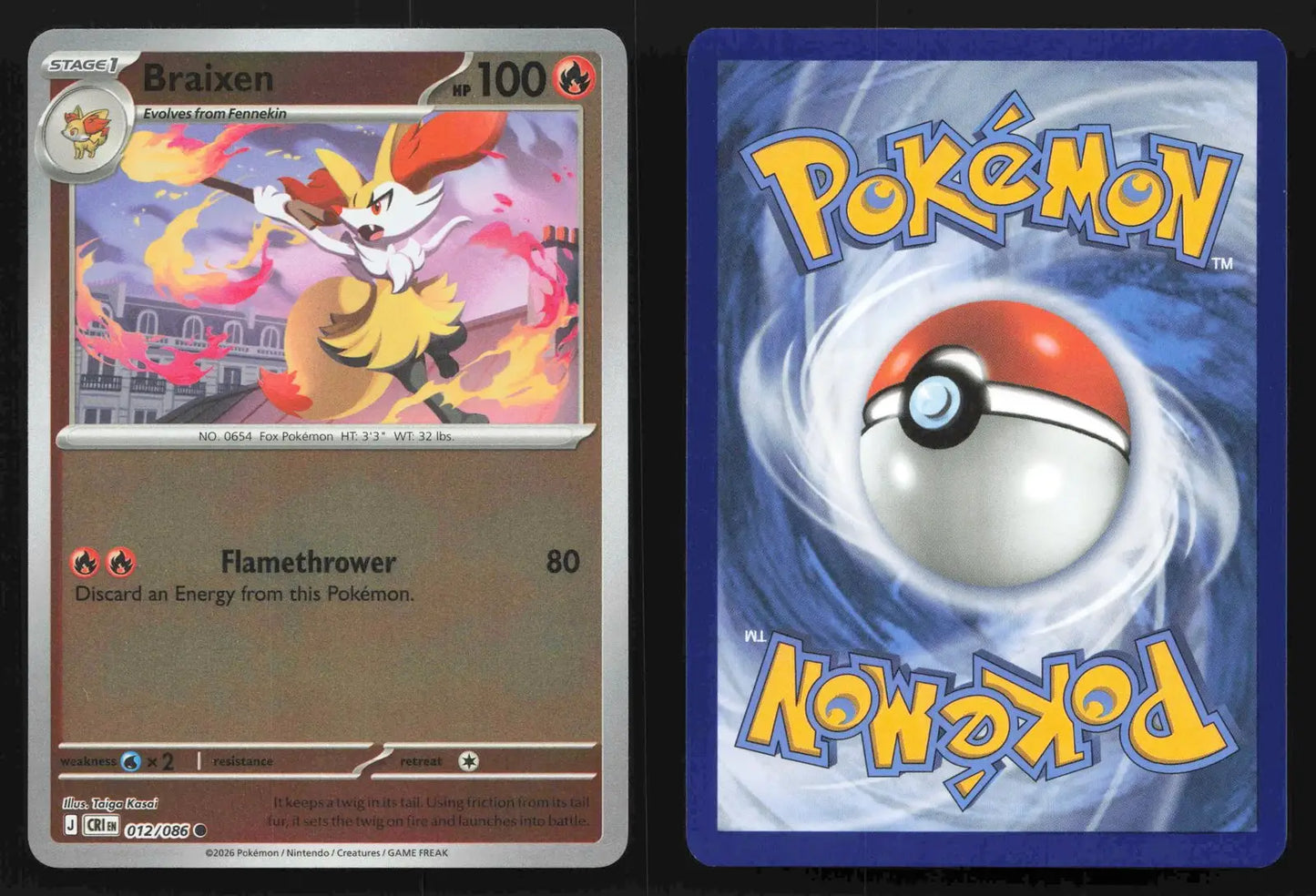 2026 Mega Evolutions: Chaos Rising Braixen 012/086 Reverse Holo Common NM