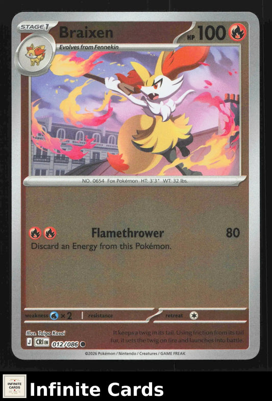 2026 Mega Evolutions: Chaos Rising Braixen 012/086 Reverse Holo Common NM
