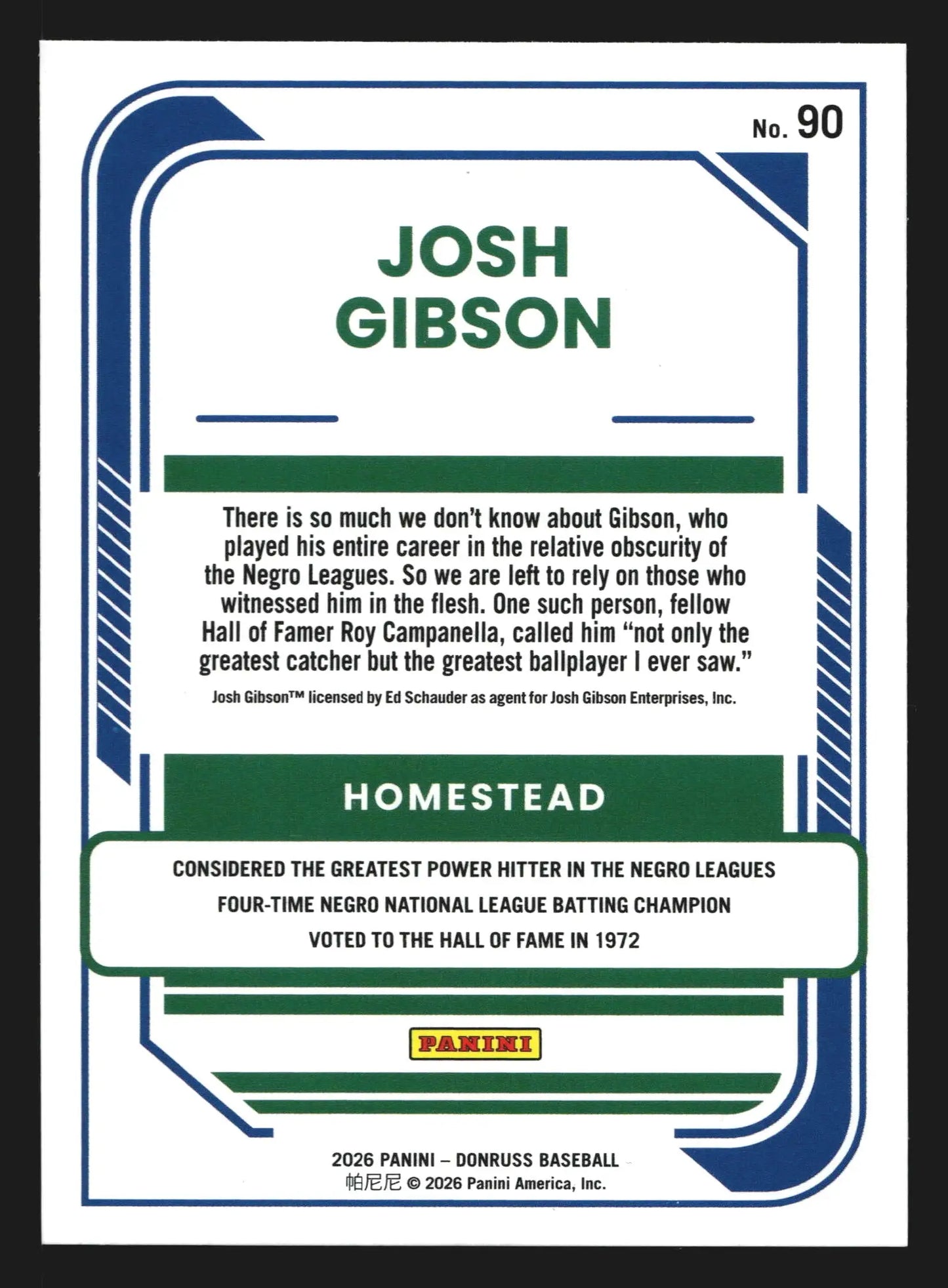 2026 Panini Donruss #90 Josh Gibson Red and Blue Homestead Grays HOF - Baseball Card Single