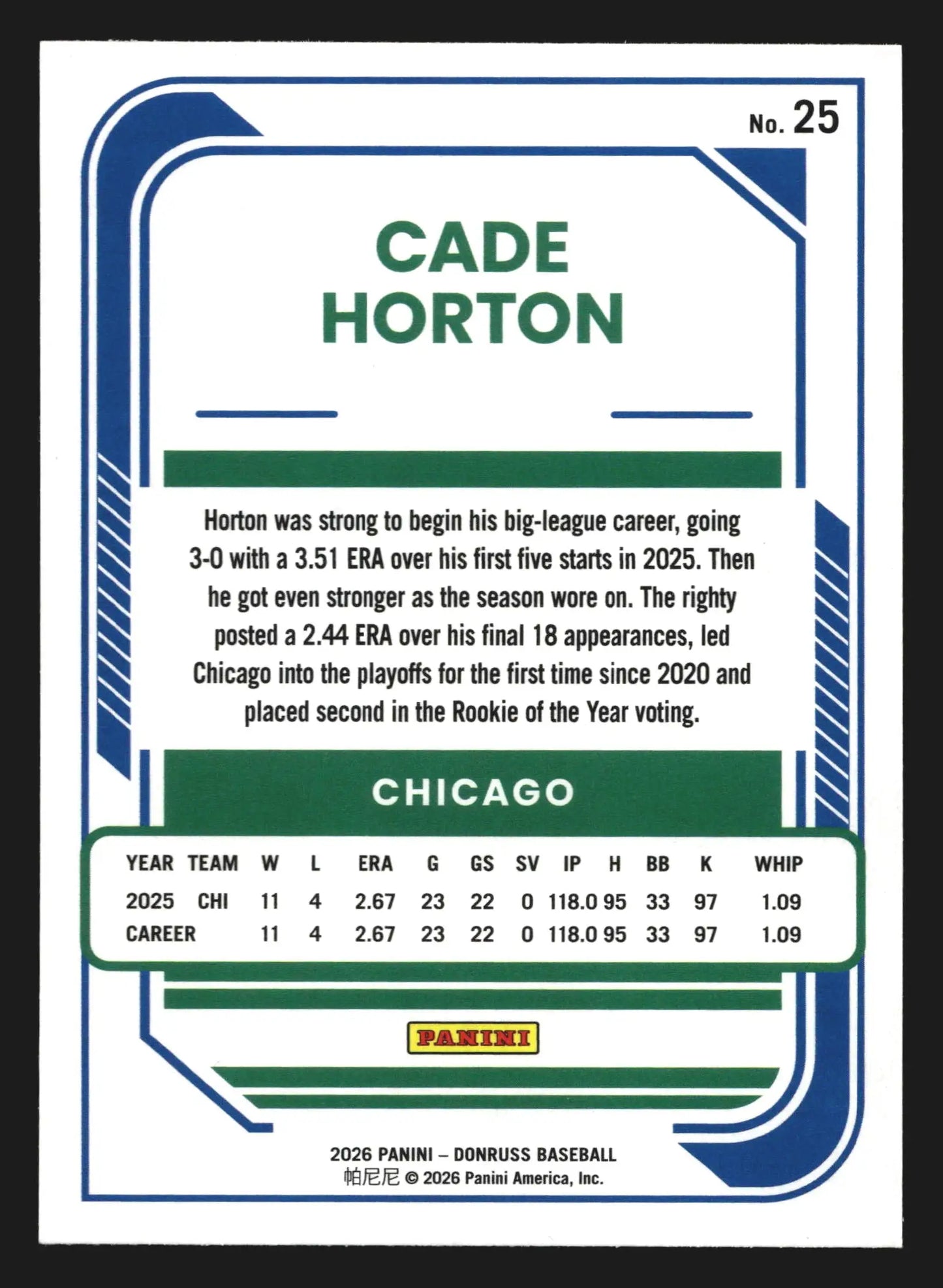 2026 Panini Donruss Cade Horton #25 Chicago Cubs - Baseball Card Single
