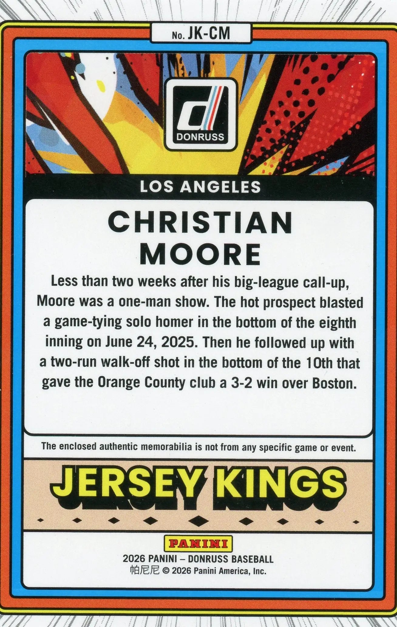 2026 Panini Donruss Jersey Kings #JK-CM Christian Moore Blue Ice Relic - Baseball Card Single