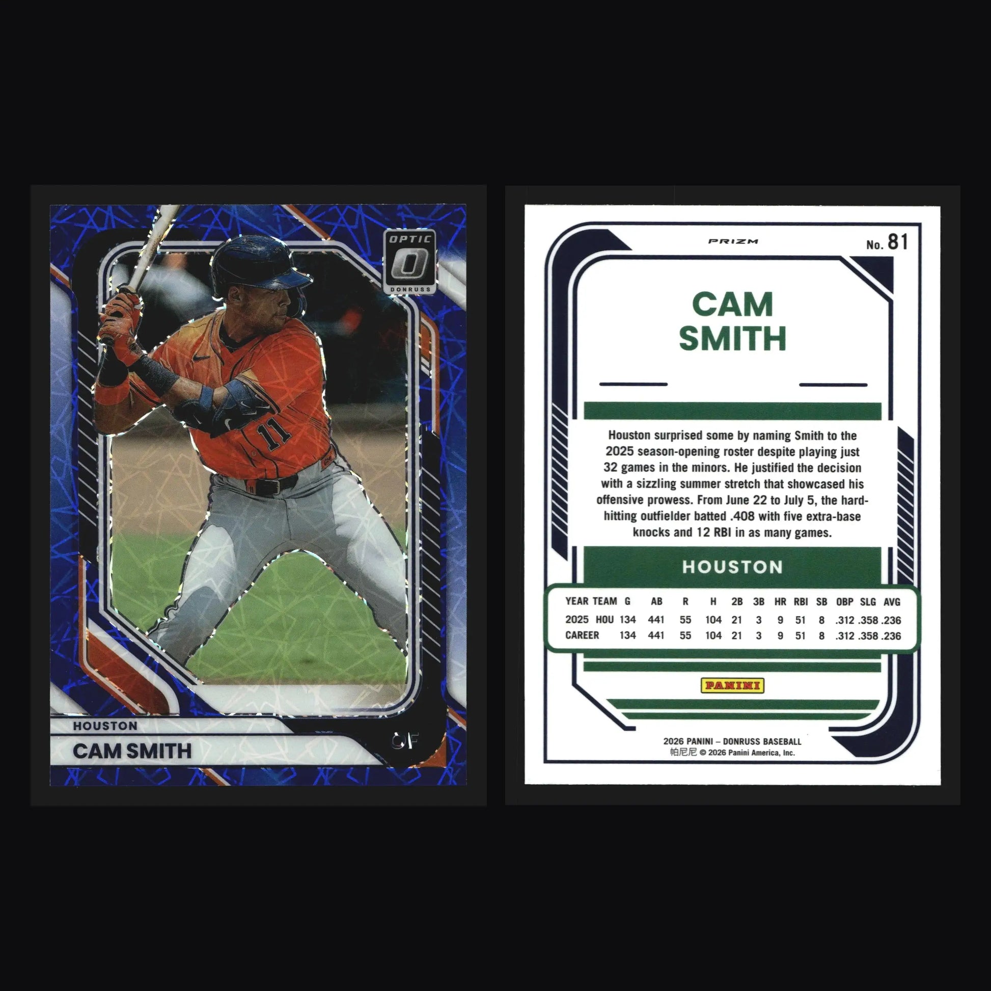 2026 Panini Donruss Optic #81 Cam Smith Blue Velocity Prizm Astros - Baseball Card Single