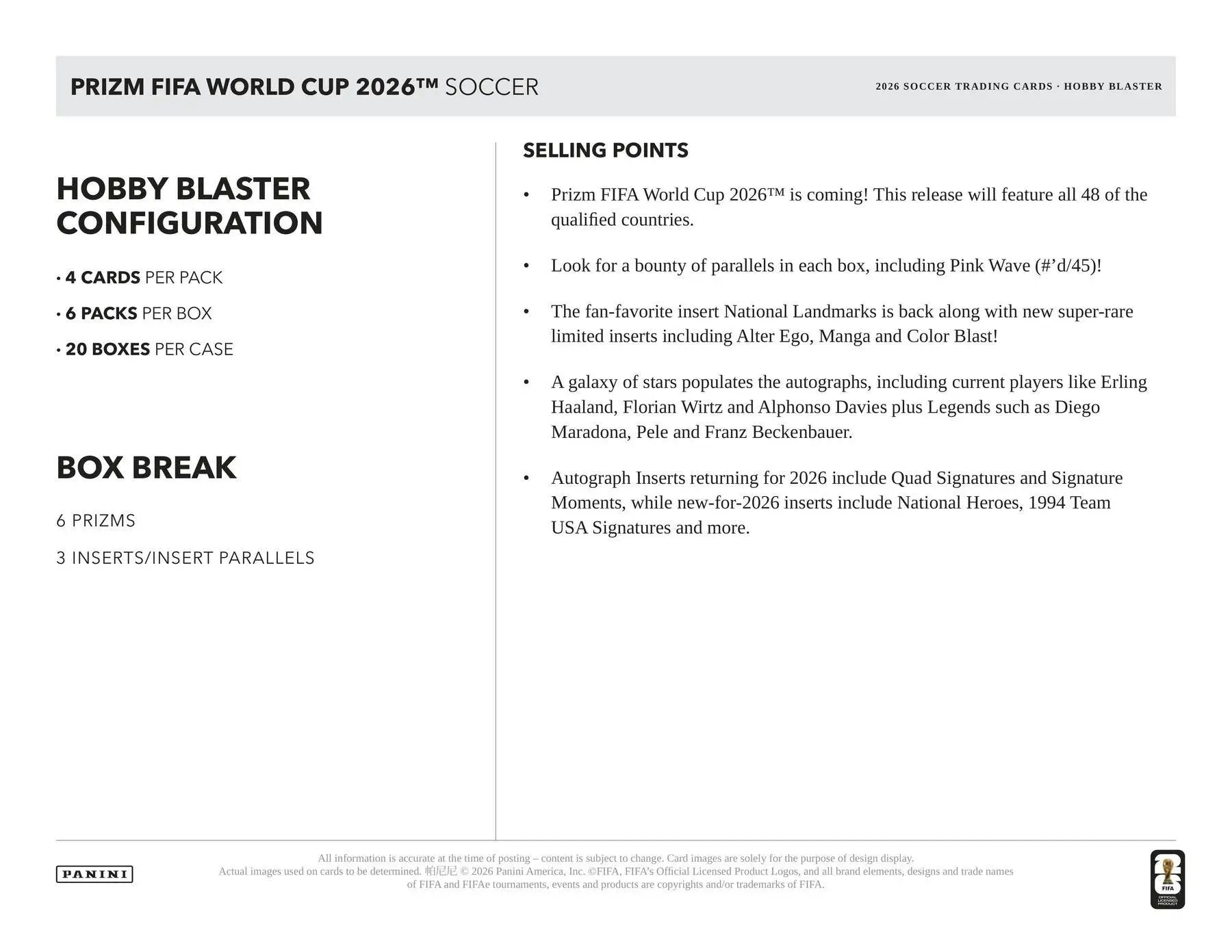 2026 Panini Prizm FIFA World Cup Soccer Blaster Hobby Box | Columbia Sports Cards - Soccer Card Box