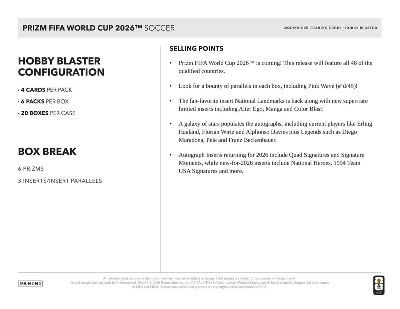 2026 Panini Prizm FIFA World Cup Soccer Blaster Hobby Box | Columbia Sports Cards - Soccer Card Box