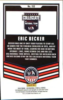 2026 Panini Stars & Stripes Prizm USA Baseball #153 Eric Becker