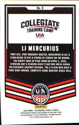 2026 Panini Stars & Stripes Prizm USA Baseball #8 LJ Mercurius