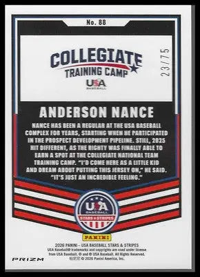 2026 Panini Stars & Stripes Prizm USA baseball Blue Pulsar #88 Anderson Nance