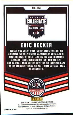 2026 Panini Stars & Stripes Prizm USA Baseball Green #153 Eric Becker