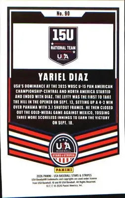 2026 Panini Stars & Stripes Prizm USA Baseball Silver #90 Yariel Diaz