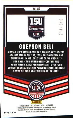 2026 Panini Stars & Stripes Prizm USA Orange Pulsar #89 Greyson Bell #/249