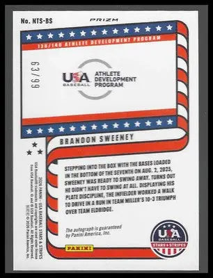 2026 Panini Stars & Stripes USA Baseball Brandon Sweeney #NTS-BS Auto Green /99 - Baseball Card Single