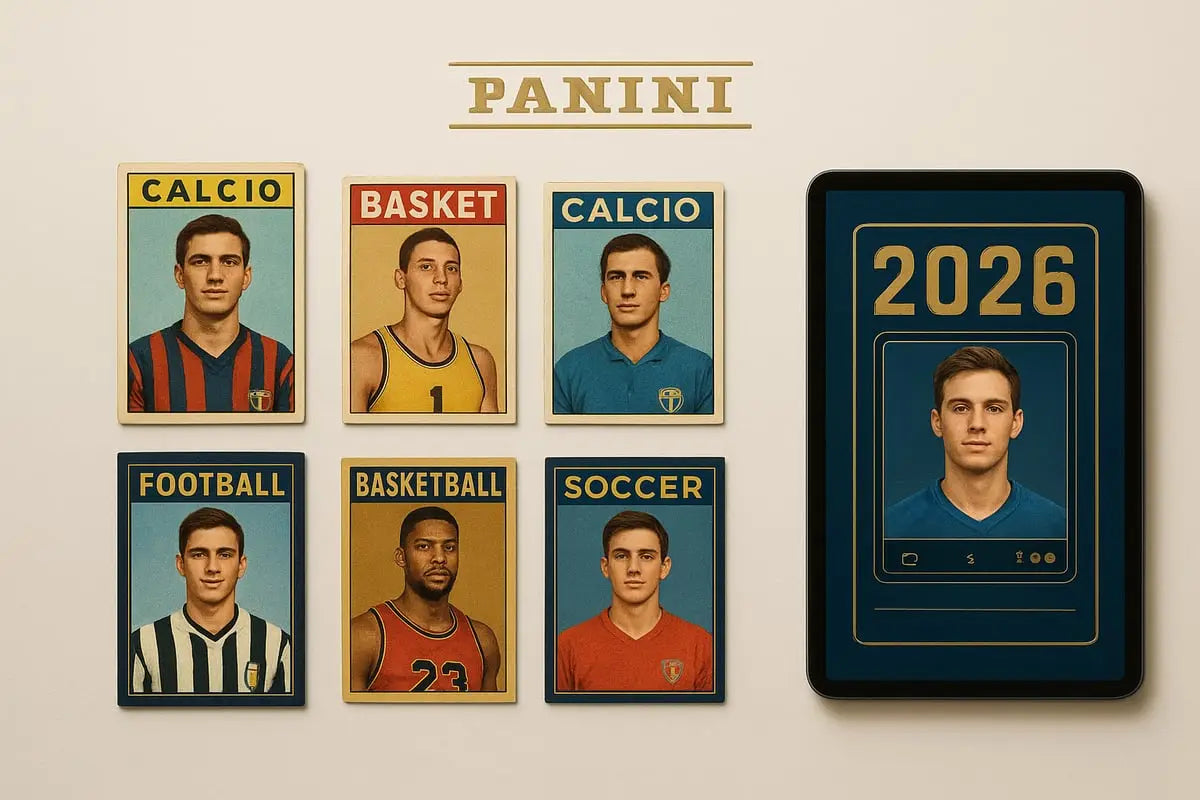 2026 Panini cards collection with vintage sports cards and digital World Cup display