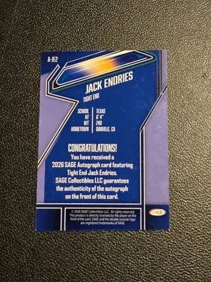 2026 SAGE #A-JE2 Jack Endries Autographs