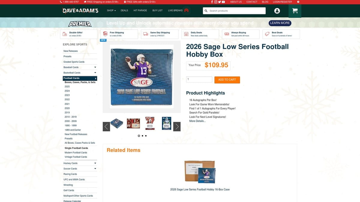 2026 Sage Low Series football hobby box in blue white with purple jersey player