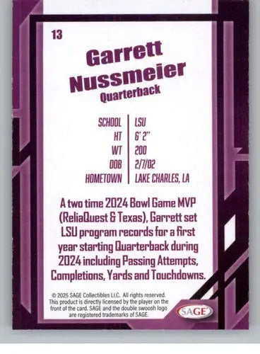 2026 Sage Retail Black #13 Garrett Nussmeier NM-MT ID:80664 - Football Card Single
