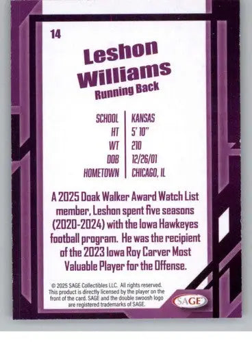 2026 Sage Retail Black #14 Leshon Williams NM-MT ID:80665 - Football Card Single