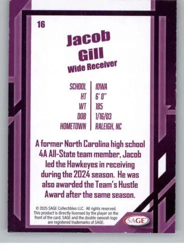 2026 Sage Retail Black #16 Jacob Gill NM-MT ID:80666 - Football Card Single
