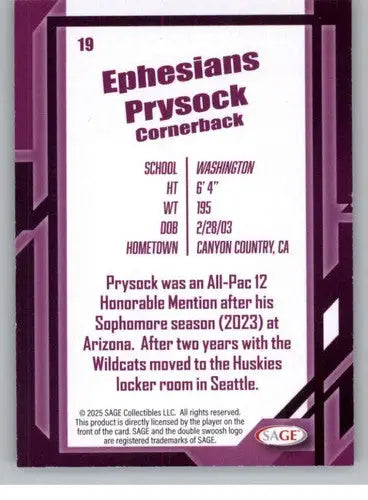 2026 Sage Retail Black #19 Ephesians Prysock NM-MT ID:80667 - Football Card Single