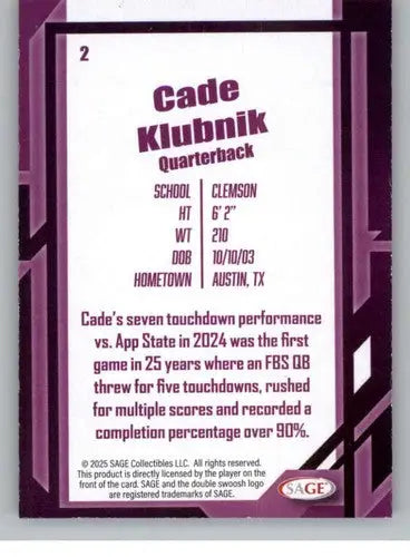 2026 Sage Retail Black #2 Cade Klubnik NM-MT ID:80659 - Football Card Single