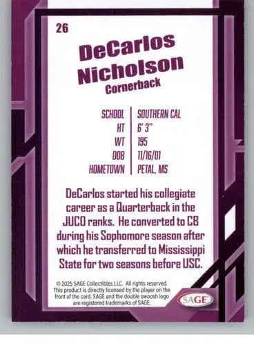 2026 Sage Retail Black #26 DeCarlos Nicholson NM-MT ID:80670 - Football Card Single