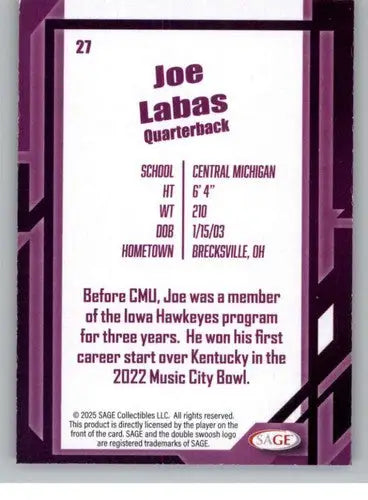 2026 Sage Retail Black #27 Joe Labas NM-MT ID:80671 - Football Card Single
