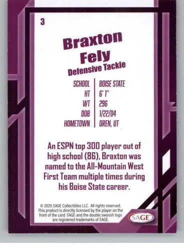 2026 Sage Retail Black #3 Braxton Fely NM-MT ID:80660 - Football Card Single