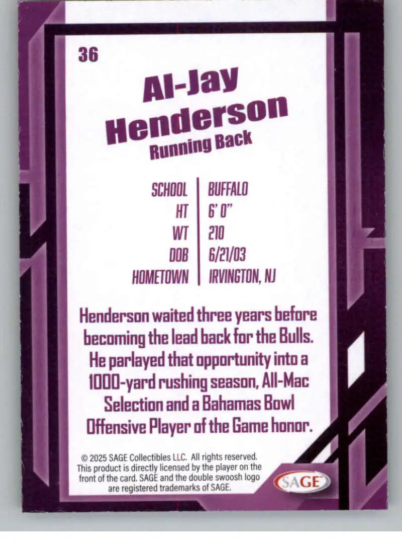 2026 Sage Retail Black #36 Al-Jay Henderson NM-MT ID:80676 - Football Card Single