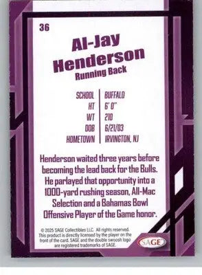 2026 Sage Retail Black #36 Al-Jay Henderson NM-MT ID:80676 - Football Card Single