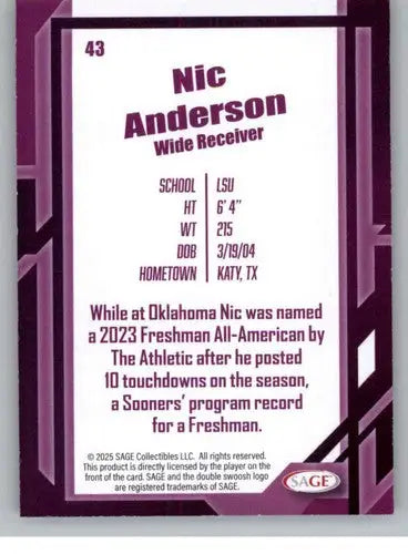 2026 Sage Retail Black #43 Nic Anderson NM-MT ID:80677 - Football Card Single