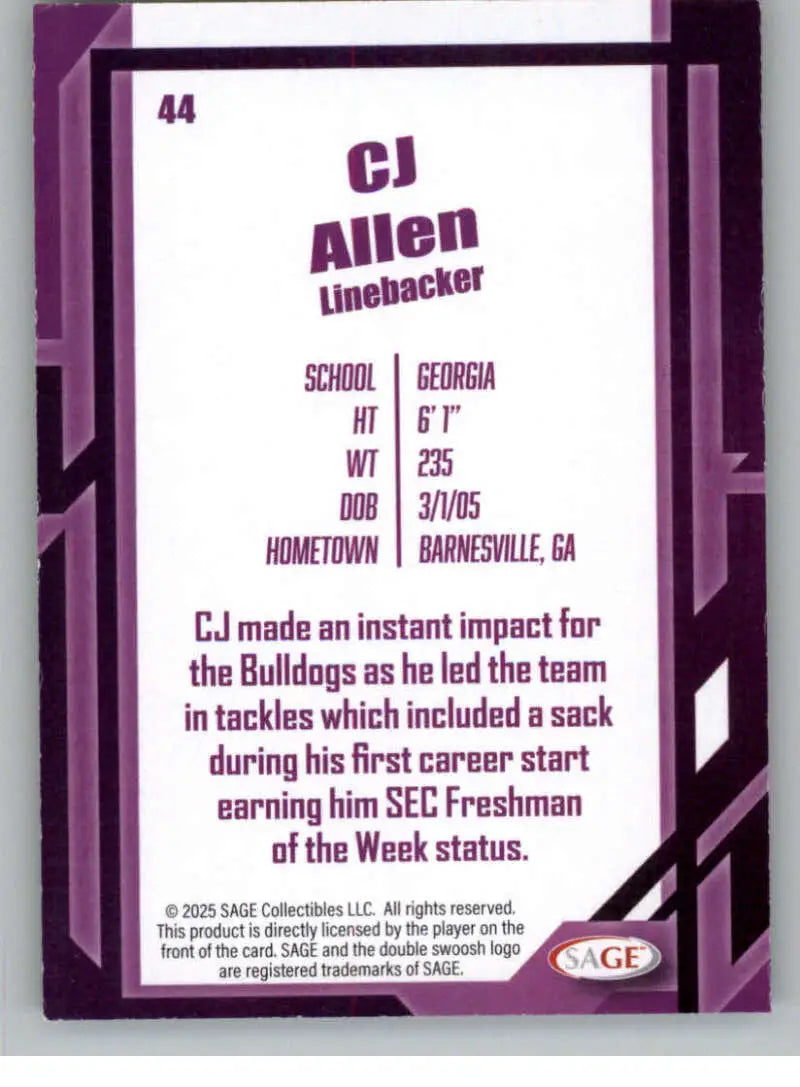 2026 Sage Retail Black #44 CJ Allen NM-MT ID:80678 - Football Card Single