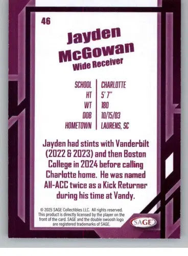 2026 Sage Retail Black #46 Jayden McGowan NM-MT ID:80680 - Football Card Single