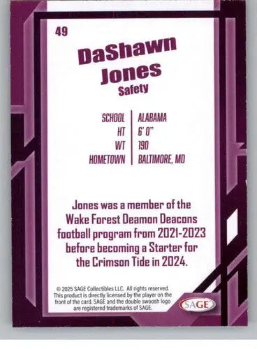 2026 Sage Retail Black #49 DaShawn Jones NM-MT ID:80682 - Football Card Single