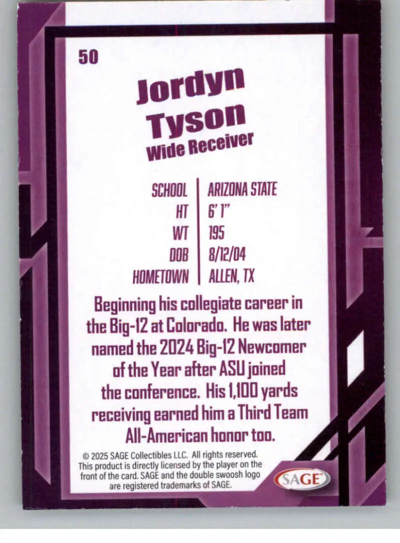2026 Sage Retail Black #50 Jordyn Tyson NM-MT ID:80683 - Football Card Single
