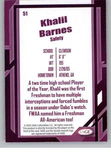 2026 Sage Retail Black #51 Khalil Barnes NM-MT ID:80684 - Football Card Single