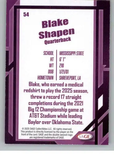 2026 Sage Retail Black #54 Blake Shapen NM-MT ID:80685 - Football Card Single
