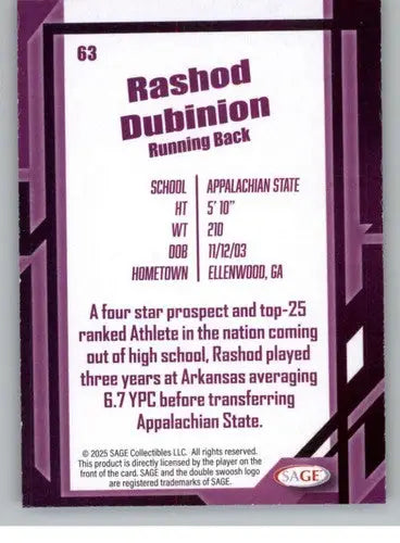 2026 Sage Retail Black #63 Rashod Dubinion NM-MT ID:80689 - Football Card Single