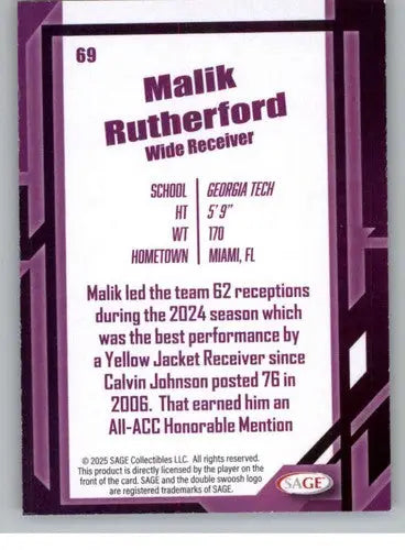 2026 Sage Retail Black #69 Malik Rutherford NM-MT ID:80690 - Football Card Single